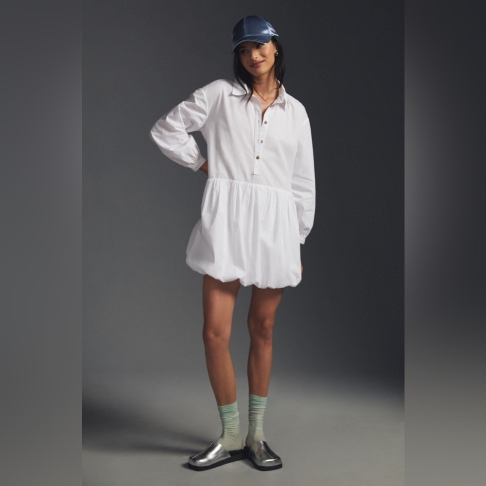 MAEVE Anthropologie Bubble-Hem Shirt Dress White Size Small